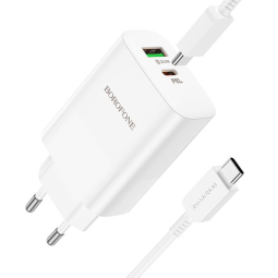 Сетевое зар. устр. Borofone BN10 с шнуром Type-C на Type-C 1USB/1С PD3.0/QC3.0 22.5W/65W белое