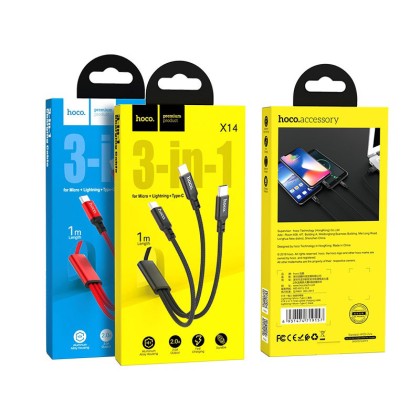 Usb Кабель-зарядка Hoco X14 3-in-1 Times Lightning/Micro/Type-C 2.4A 1м в тканевой оплётке чёрный