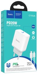 Сетевое зар. устр. Hoco C104A с шнуром Type-C на Type-C 1USB/1С PD3.0/QC3.0 20W/18W белое