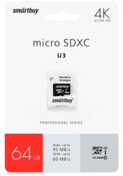 micro SDXC карта памяти Smartbuy 64GB Class 10 PRO U3 R/W:95/60 MB/s (с адаптером SD)
