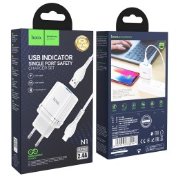 Сетевое зар. устр. Hoco N1 Ardent с шнуром Lightning 1USB 2.4A пластик белое