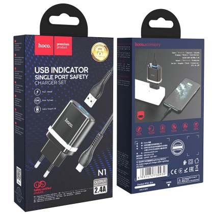 Сетевое зар. устр. Hoco N1 с шнуром Lightning 1USB 2.4A черное