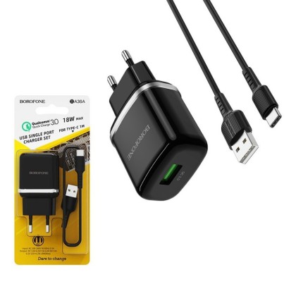 Сетевое зар. устр. Borofone BA36A с шнуром Type-C 1USB 3,0A черное