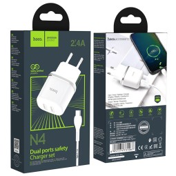 Сетевое зар. устр. Hoco N4 с шнуром Type-С 2USB 2.4A белое