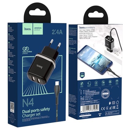 Сетевое зар. устр. Hoco N4 с шнуром Type-С 2USB 2.4A черное