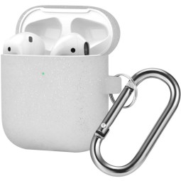 Силиконовый чехол для AirPods с карабином серебристый с блёстками