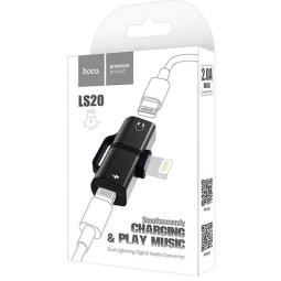 Переходник Hoco LS20 Lightning (папа) на 2 Lightning (мама) аудио/зарядка черный