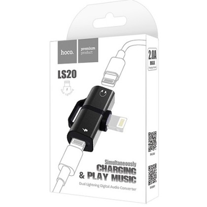 Переходник Hoco LS20 Lightning (папа) на 2 Lightning (мама) аудио/зарядка черный