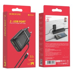 Сетевое зар. устр. Borofone BA50A с шнуром Micro 2USB 2.1A черное