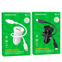 Автомобильное заряд. устр. Borofone BZ18A 1USB/1USB-C с кабелем T-C-L PD20W+QC3.0 белый