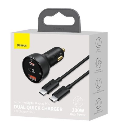 Автомобильное заряд. устр. Baseus Supreme Digital Disp 1USB 1С 100W с каб. T-C T-C(TZCCZX-01) черное