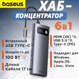 USB-C хаб - Baseus Metal 5в1 3USB/HDMI/USB-C - серый