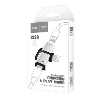 Переходник Hoco LS20 Lightning (папа) на 2 Lightning (мама) аудио/зарядка серебристый