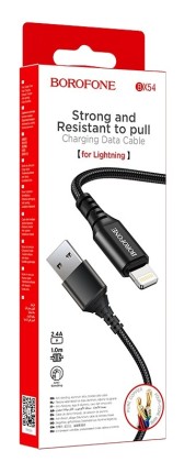 Usb Кабель-зарядка Lightning Borofone BX54 Ultra bright 2.4A 1м в тканевой оплетке черный