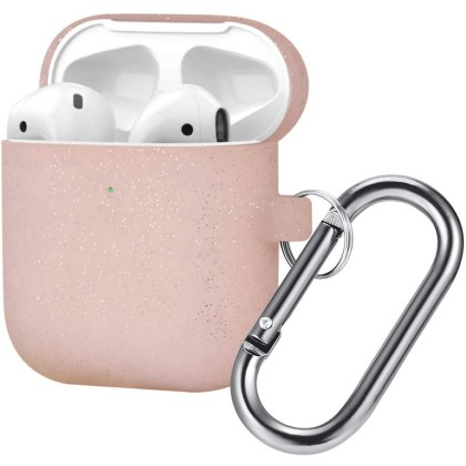 Силиконовый чехол для AirPods с карабином матовое золото с блёстками
