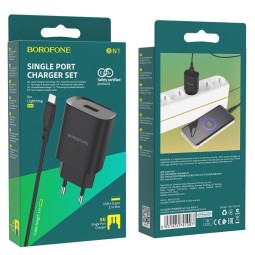 Сетевое зар. устр. Borofone BN1 с шнуром Lightning 1USB 2.1A черное