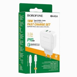 Сетевое зар. устр. Borofone BA46A с шнуром Type-C на Lightning 1USB/1C PD3.0/QC3.0 3A 18W белое