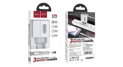 Сетевое зар. устр. Hoco C75 с шнуром Type-C 2USB, 2.4A белое