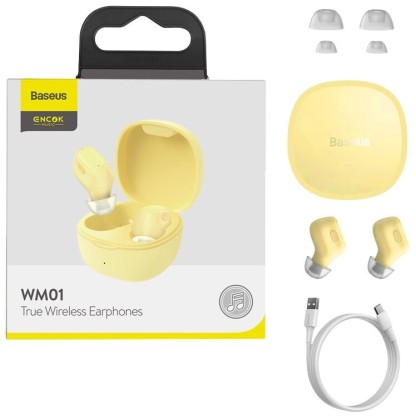 Мобильная Bluetooth-гарнитура TWS Baseus Encok WM01 BT5.0/60mAh (300mAh)/6ч (NGWM01-OY) желтая