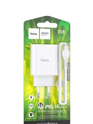 Сетевое зар. устр. Hoco C97A с шнуром Type-C на Type-C 1USB/1С PD3.0/QC3.0 20W/18W белое