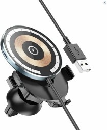 Держатель в авто в воздуховод + беспроводная зарядка MagSafe Hoco CW-42 15W магнитный черный