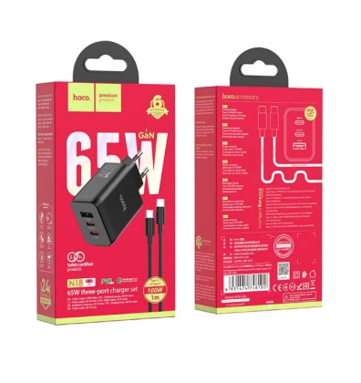 Сетевое зар. устр. Hoco N18 с шнуром Type-C на Type-C 1USB 2C 65W черное