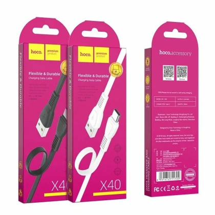 Usb Кабель-зарядка Type-C Hoco X40 Noah 3A 1м плоский силиконовый чёрный