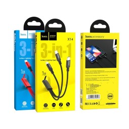Usb Кабель-зарядка Hoco X14 Times speed 3in1 Lightning/Micro/Type-C 2.4A 1м в тканевой оплетке красн
