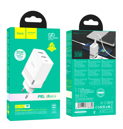 Сетевое зар. устр. Hoco N21 Pro 2USB/1С 30W белое